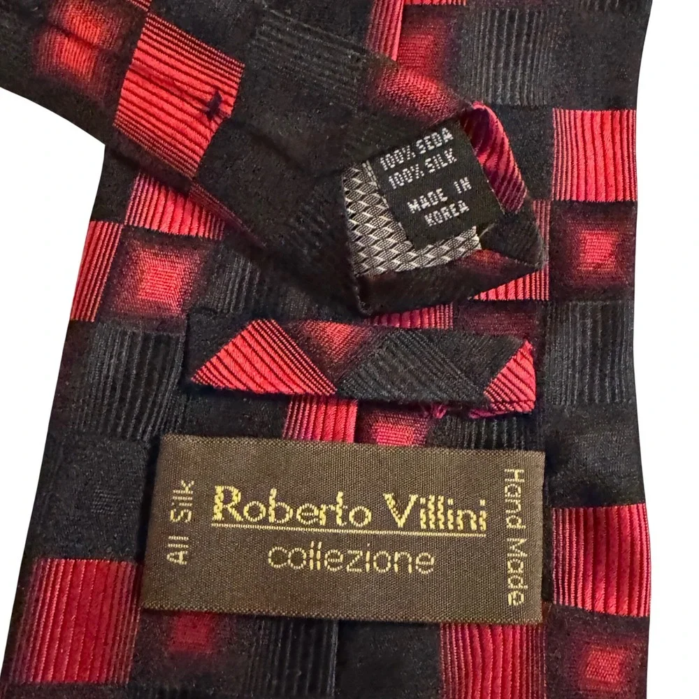 Roberto Villini Silk Tie Red Black Geometric Checkerboard Square Hand Made‎ 4x59